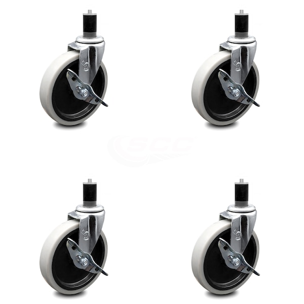 5 Inch Thermoplastic Wheel 1-3/5 Inch Expanding Stem Caster with Brakes, 4PK